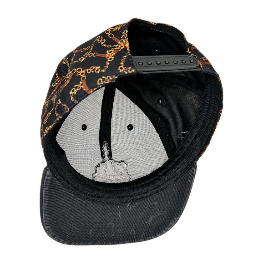 Skeleton Middle Finger Embroidered Hat Chain-Link & Black Flat Bill Snapback Cap - Picture 6 of 11
